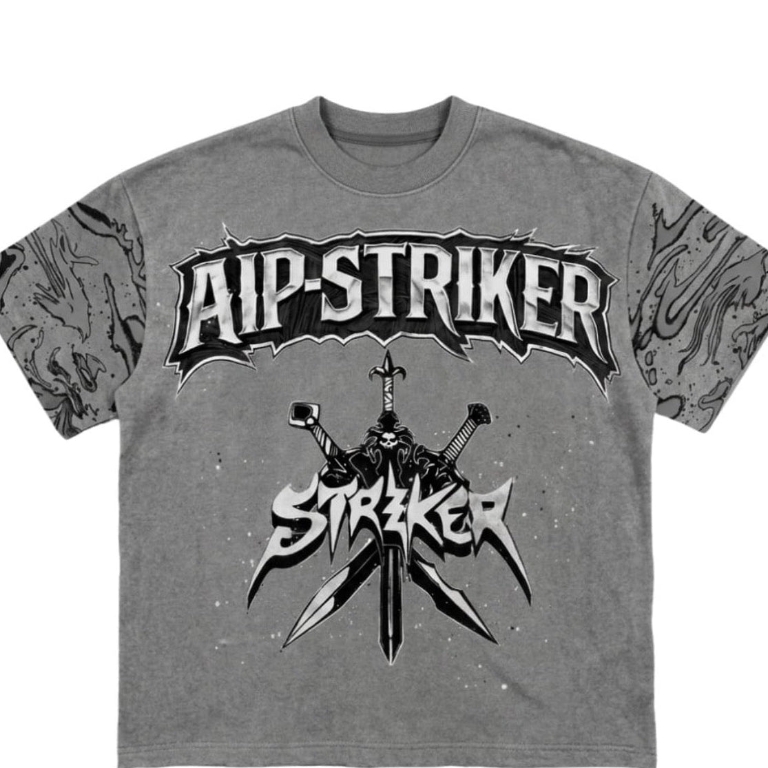 Gray t-shirt with 'AIP STRIKER' logo featuring a stylized character and crossed swords on a white background.