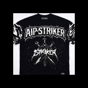 Black t-shirt with 'AIP-STRIKER' logo and design on a white background