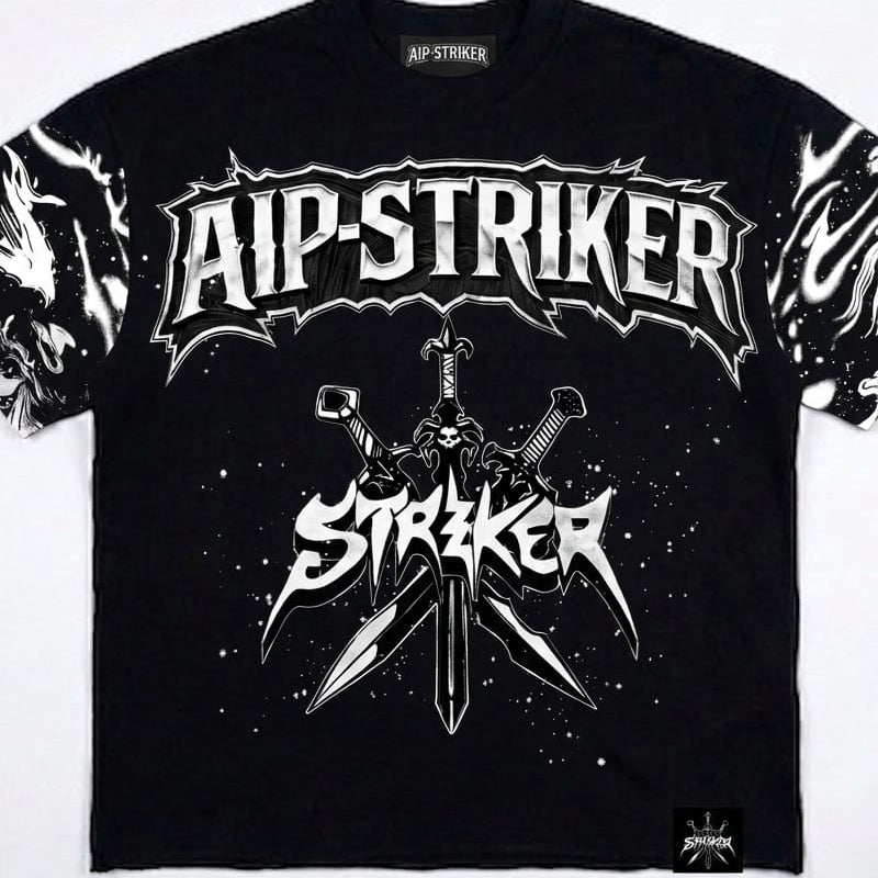 Black t-shirt with 'AIP-STRIKER' logo and design on a white background